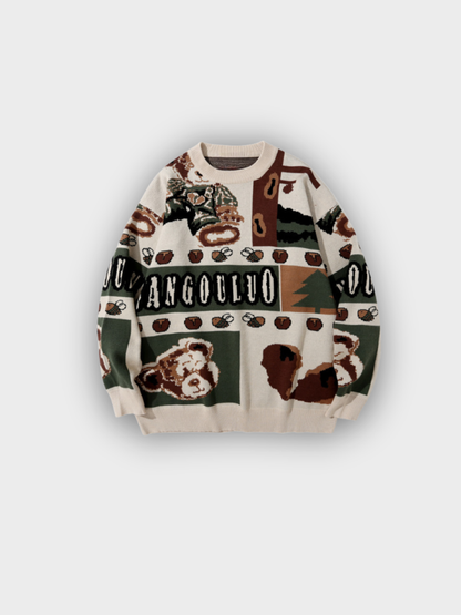 Amalfi Woodland Bear Knit Sweater in Apricot Forest – Vintage Streetwear Pullover