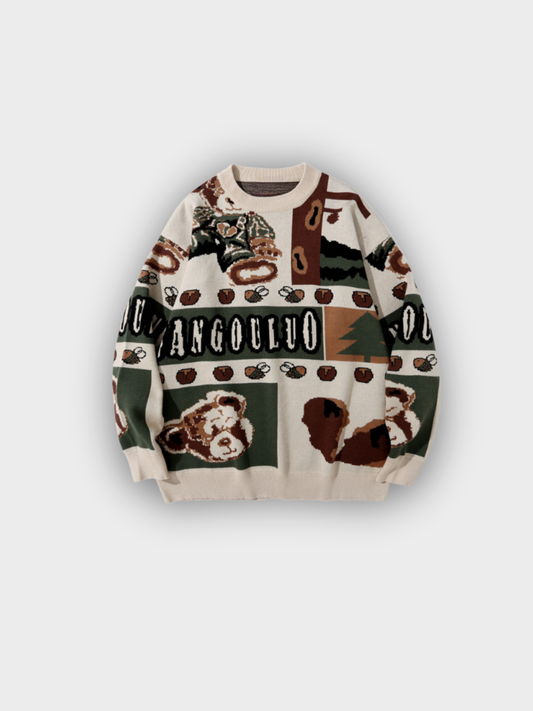 Amalfi Woodland Bear Knit Sweater in Apricot Forest – Vintage Streetwear Pullover